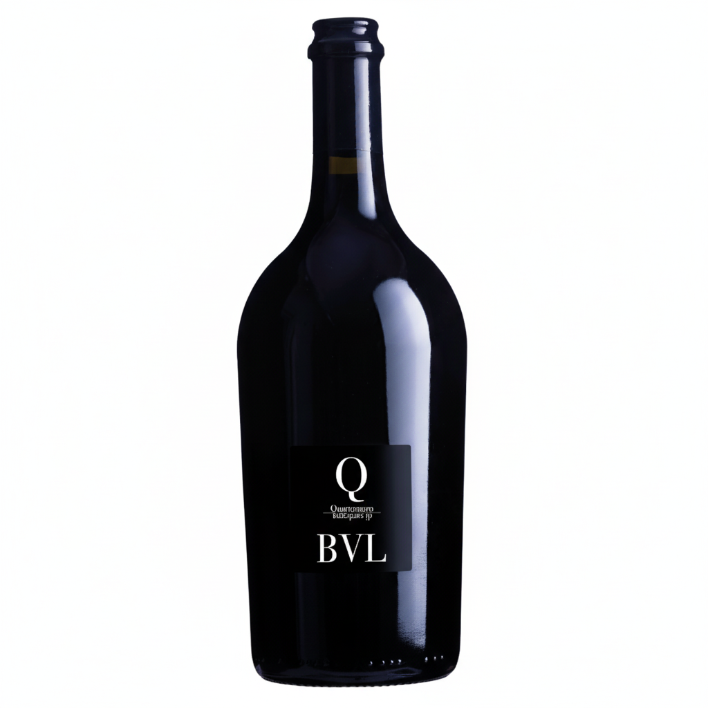 Bottle of Q BVL wine with a dark label on a white background