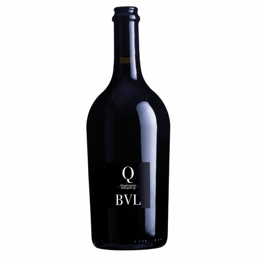 Bottle of Q BVL wine with a dark label on a white background